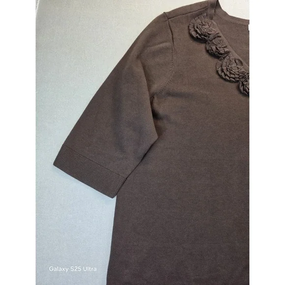 CJ Banks 3X Cardigan Brown 3D Floral Light 100% Cotton Office Staple 3/4 Sleeve - Picture 2 of 8